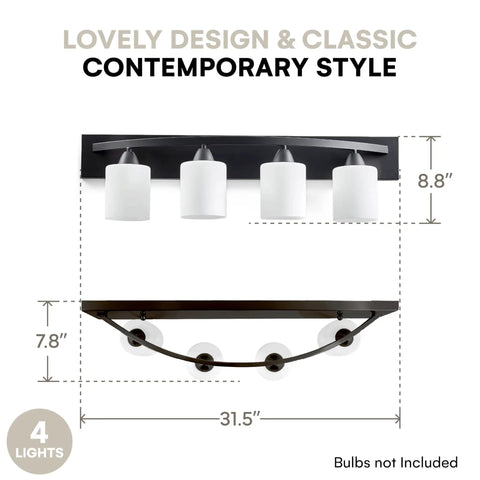Diagram of four light bathroom vanity lights over mirror with modern glass shade panel in matte black finish, dimensions labeled