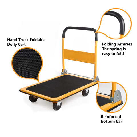 Platform Truck Foldable Push Cart Heavy Duty 880 Lb Capacity with 2 Ropes Yellow 35.8 by 24 by 34.3 Inches, foldable design, close-up.