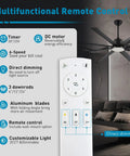 72 Inch Industrial Ceiling Fan With Light And Remote For Indoor Outdoor Use 8 Aluminum Blades 6 Speed Quiet DC Motor Wet Rated For Patio Garage Exterior shown with remote control and dimmable settings in a living room setting.