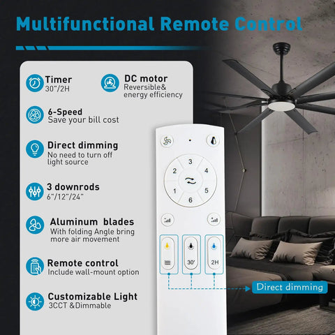 72 Inch Industrial Ceiling Fan With Light And Remote For Indoor Outdoor Use 8 Aluminum Blades 6 Speed Quiet DC Motor Wet Rated For Patio Garage Exterior shown with remote control and dimmable settings in a living room setting.