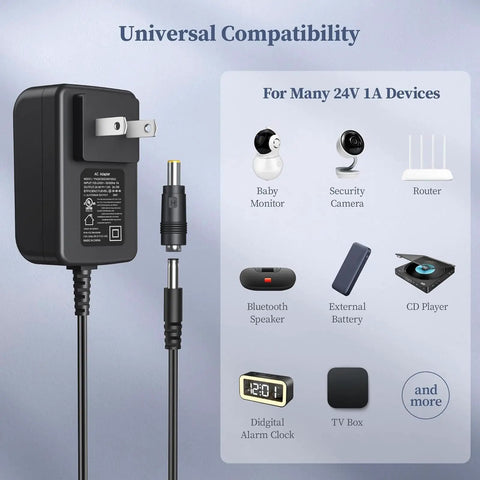 24V 1A Power Adapter With 24W Output Regulated Switching Wall Charger Includes 10 DC Tips Dope Universal Power Supply For 24V Devices Under 1A UL Certified Safe And Reliable For Home Office Travel, shown with DC plug