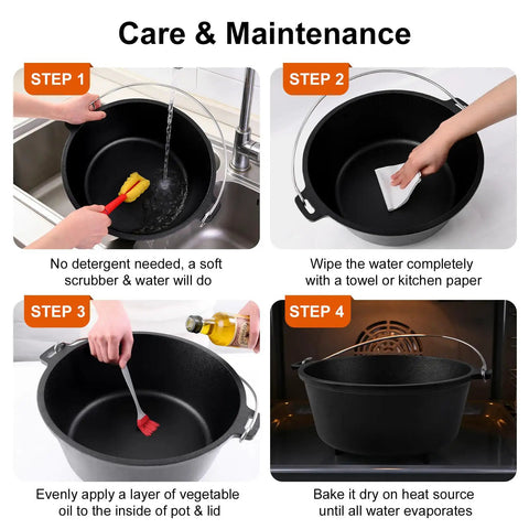 Preseasoned Cast Iron 8 Qt Dutch Oven With Lid For Outdoor Camping Campfire Grilling Oven And Stovetop Cooking Includes Lid Lifter Dual Handles Black Finish in care and maintenance steps