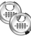 Weatherproof 4 Digit Disc Padlock Set With Hardened Steel Shackle Built Tough Heavy Duty Combination Lock For Outdoor Gates Sheds Garages Fences Storage Units And Gym Lockers 2 Pack, showing two silver padlocks.