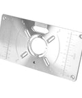 Top Shelf Aluminum Router Table Insert Plate With Four Tough Guide Rings For Rock Solid Woodworking And Knockout Precision Trimming Shop Gear And Upgrade Tools, showing precise cut markings and durable aluminum design.