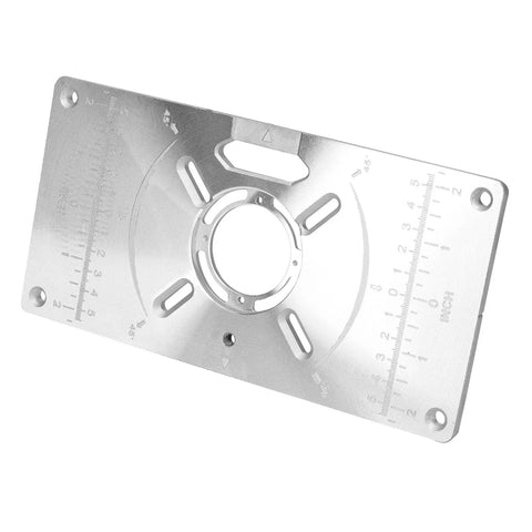 Top Shelf Aluminum Router Table Insert Plate With Four Tough Guide Rings For Rock Solid Woodworking And Knockout Precision Trimming Shop Gear And Upgrade Tools, showing precise cut markings and durable aluminum design.