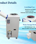Built Tough Industrial Air Conditioner 18700 BTU Portable AC with 14L Tank and Digital Control showing centrifugal fan and water storage bucket.