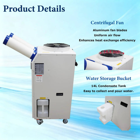Built Tough Industrial Air Conditioner 18700 BTU Portable AC with 14L Tank and Digital Control showing centrifugal fan and water storage bucket.