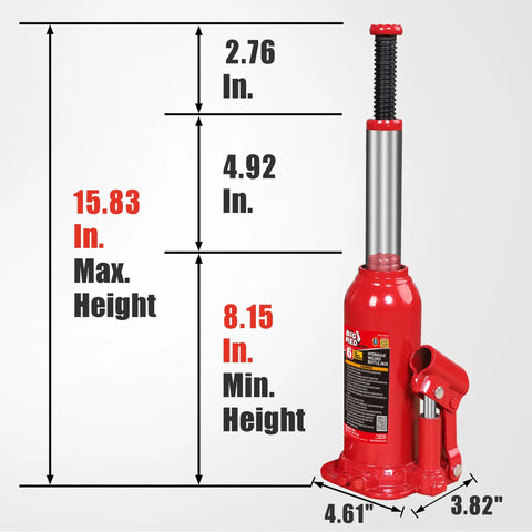 Hydraulic Bottle Jack 6 Ton Capacity With Wide Lift Range And Top Extension showing dimensions and height settings.