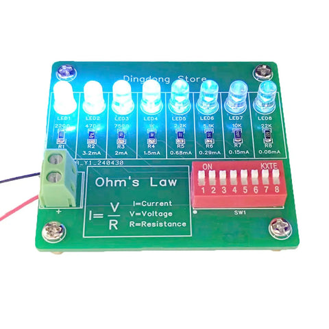 Top view of the Beginner Friendly Soldering Practice Kit For Exploring Current And Resistance Relationships with labeled PCB and LEDs.