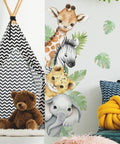 Jungle Safari Animal Wall Decals Set With Watercolor Elephants Lions Monkeys Kid Friendly Sticker Kit in playroom decor