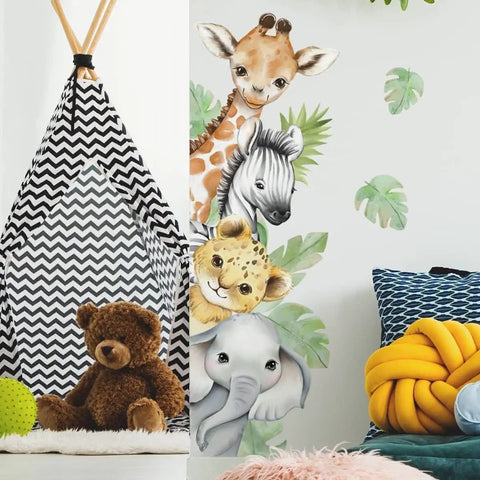 Jungle Safari Animal Wall Decals Set With Watercolor Elephants Lions Monkeys Kid Friendly Sticker Kit in playroom decor