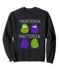 Black sweatshirt with Fronteria bacteria characters, Biology Nerds And Microbiology Buffs Sweatshirt With Bacteria Character Design For Study And Research Or Classroom Wear For Microscopic Organisms Fans.