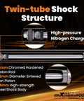 Twin-tube shock structure with nitrogen charge, 18mm piston rod, and 54mm steel shock body for durability.