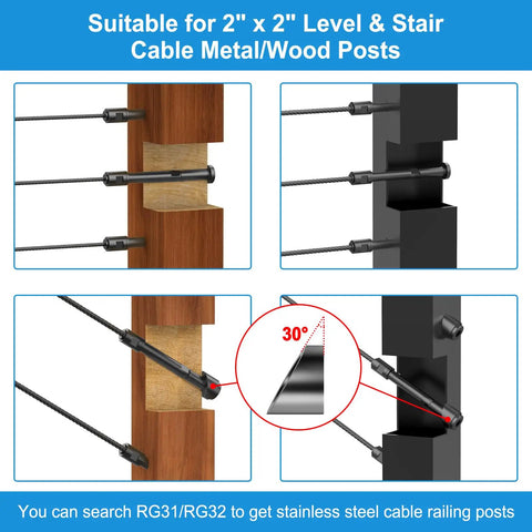 Swageless Cable Railing Tensioners One Eighth Inch, Twenty Pack, Black Stainless Steel 316 Fittings For Two By Two Wood Or Metal Posts
