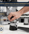 Hand using Portafilter Holder With Tamper Base For Luxe Cafe Pro ES601 ES701 Espresso Machines, shown on countertop