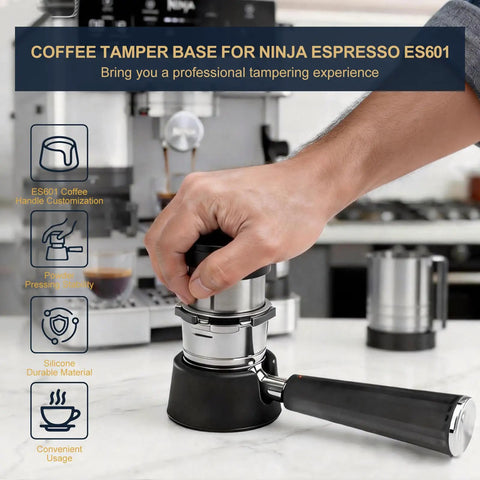 Hand using Portafilter Holder With Tamper Base For Luxe Cafe Pro ES601 ES701 Espresso Machines, shown on countertop