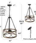Farmhouse Drum Chandelier With Faux Wood Finish dimensions and adjustable chain for dining room, living room, or kitchen.