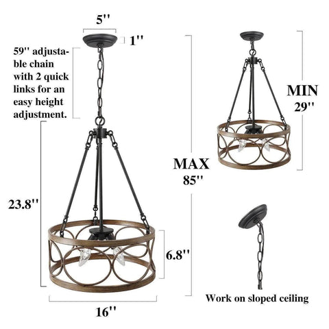 Farmhouse Drum Chandelier With Faux Wood Finish dimensions and adjustable chain for dining room, living room, or kitchen.