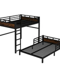 Full-over-full bunk bed in black metal with wood accents; includes ladder and guardrails; separable into two full beds.