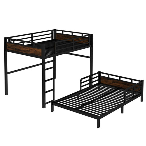 Full-over-full bunk bed in black metal with wood accents; includes ladder and guardrails; separable into two full beds.