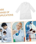 Men's White Lab Coat Costume For Doctors And Med Pros Unisex Design In XXL Size displayed with lab professionals in action.