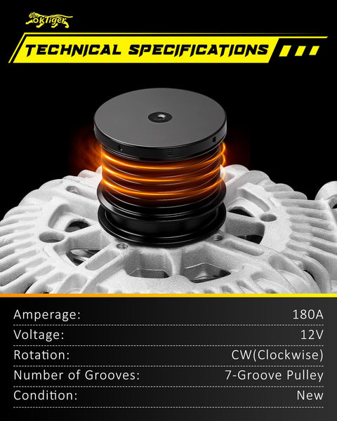 Close-up of Upgraded Drop In 12V 180A CW Alternator For Sprinter 2500 And 3500 2007 To 2018 3.0L V6 MercedesBenz Freightliner Dodge Jeep Grand Cherokee With 7 Groove Clutch Pulley OE 04801250AA showing 7-groove pulley