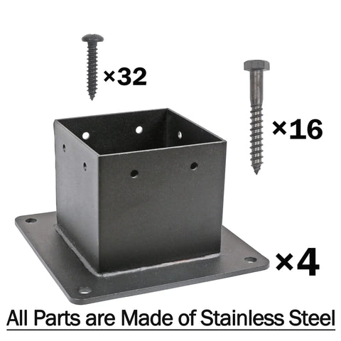 4x4 Stainless Steel Flange Anchor Base For Deck Railing With Screws, Black Finish, 4 Pack, Fits 3.58x3.58 Inch Wood Posts, Includes 16 5/16 Inch Hex Screws And 32 3/16 Inch Screws