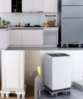 Heavy Duty Washing Machine Base Stand with Built Tough Movable Adjustable Frame under appliances in a kitchen and bathroom setting.
