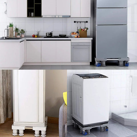 Heavy Duty Washing Machine Base Stand with Built Tough Movable Adjustable Frame under appliances in a kitchen and bathroom setting.