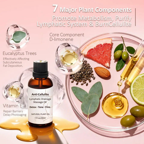 Premium Lymphatic Drainage Massager For Body Shaping With Microcurrent, Vibration, Light And Heat Therapies shown with massage oil and ingredients