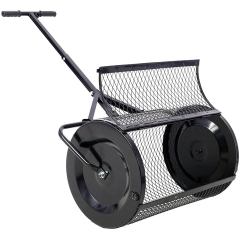 24 Inch Peat Moss Spreader With Steel Mesh Roller And T Shape Handle Heavy Duty Lawn And Garden Care Tool For Even Seed And Material Spreading In Large Backyards