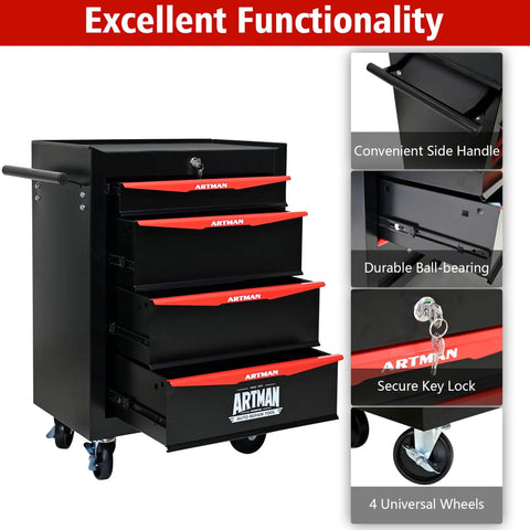Heavy Duty Rolling Tool Chest With Locking Wheels And Ball Bearing Drawers, Mobile Garage Tool Cart, Metal Black Tool Box
