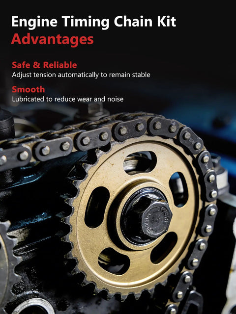 Close-up of Timing Chain Kit With Sprocket For Chevy And GM Cars 2.0L 2.2L 2.4L L4 Engines showing smooth, reliable design.