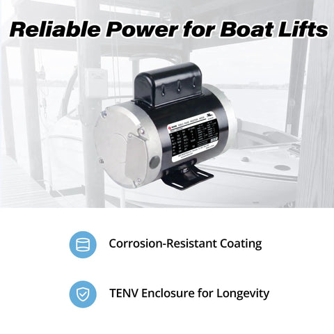Heavy Duty One Horsepower Boat Lift Motor With 56C C Face Rigid Base Dual Voltage Dock Hoist Winch Replacement with corrosion-resistant coating.