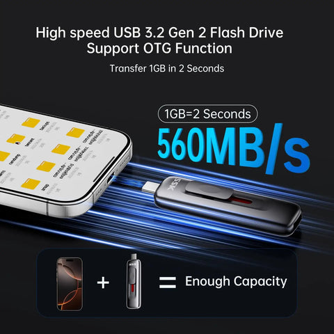Blazing Fast USB 3.2 Gen 2 Dual USB Type C And USB A Flash Drive 128GB External SSD Pendrive With 560 MB Per Second Read next to smartphone