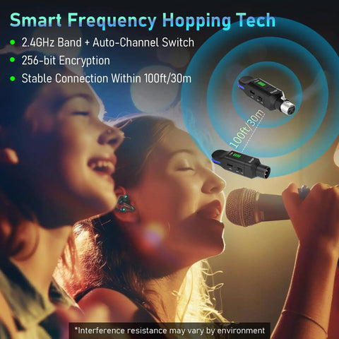 Wireless XLR Mic System for Dynamic Mics with plug-on transmitter and receiver, 100ft range, low-noise performance for live gigs and studio use