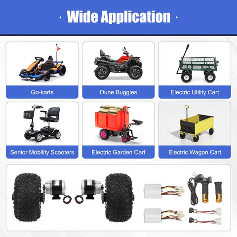 6 applications for 36V 350W Electric Cart Conversion Kit with 10 inch wheels, motor set, controller, and digital display throttle.
