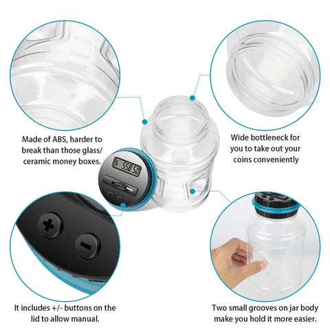 Digital Coin Bank With LCD Counter For Adults, 1.8L large capacity, features ABS material with wide bottleneck and manual buttons.