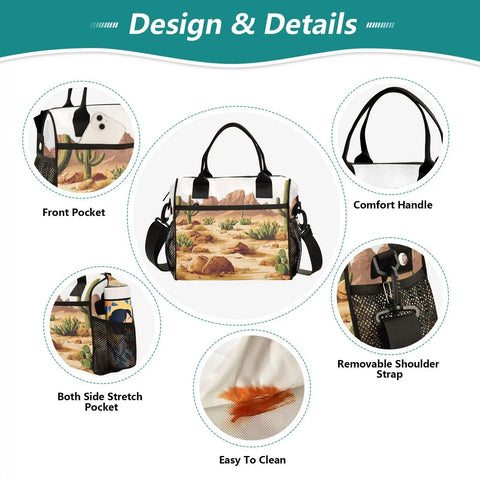 Design details of Desert Cactus Handle Insulated Lunch Bag Reusable Cooler with mesh pockets and detachable shoulder strap.