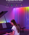 RGBIC LED strip lights installed along wall behind piano, color-changing, 16.4 ft