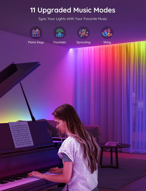 RGBIC LED strip lights installed along wall behind piano, color-changing, 16.4 ft