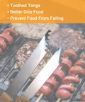 Toothed tongs from the 4 Piece Stainless Steel BBQ Grill Utensil Set With Wood Handles, gripping skewers on a grill.