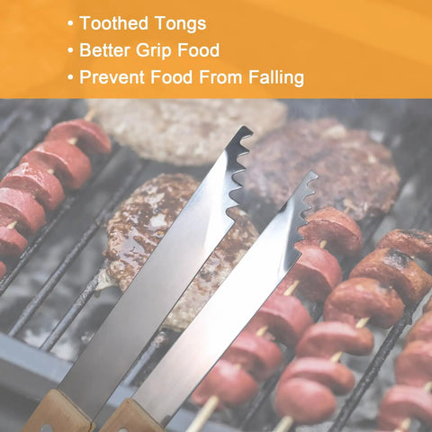 Toothed tongs from the 4 Piece Stainless Steel BBQ Grill Utensil Set With Wood Handles, gripping skewers on a grill.