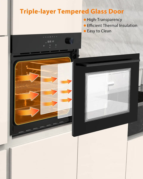 Open built-in 24-inch electric wall oven with 2.5 cu ft convection, triple-layer glass door, and stainless steel touch panel in kitchen