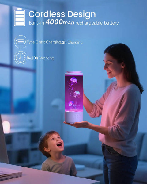 Woman holding Jellyfish Lamp Bluetooth Speaker With White Noise, 7 Color Changing Ocean Tank Light, child looking amazed.