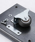 Four Pack Heavy Duty Flat Top Plate Caster Wheels With Dual Swivel And Double Wheel Brakes Floor Saving Poly Tires components on a metallic plate.