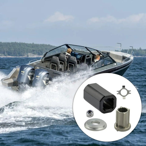 Prop Hub Kit for Mercruiser Alpha One and Bravo One Drives Replacement 835257Q1 835257K1 with boat and parts close-up