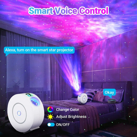 Nebula Night Light Projector For Bedroom With 16 Million Colors And 7 Nebula Modes illuminating a room with purple aurora effect