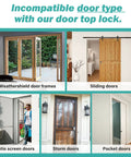 Incompatible door types for Sturdy Kid Safe Door Top Lock: weathershield, sliding, patio screen, storm, and pocket doors.