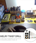Workshop table with tools and Hand Drill Kit For Jewelry Making And Woodworking Rotary Drill With Twist Bits Vise and PCB Drill Bits